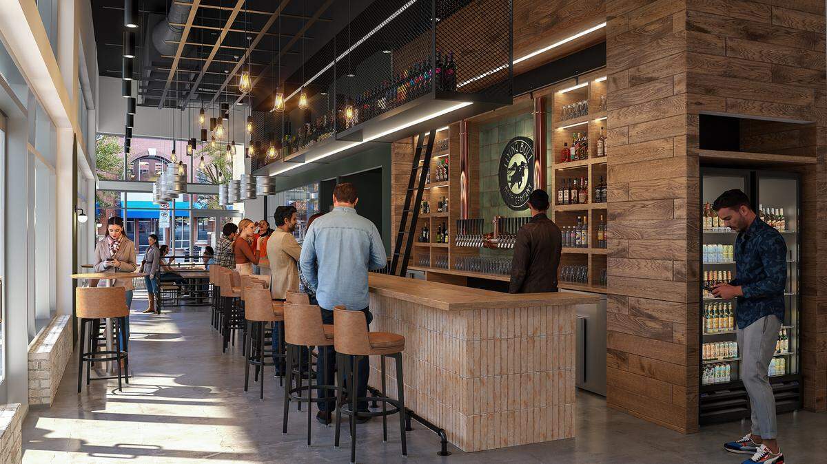 Flying Bull Beer Co. expanded into a large brewing and restaurant space in 2024, pictured here in a rendering. The brewery closed its original Ninth Street taproom earlier this year.
