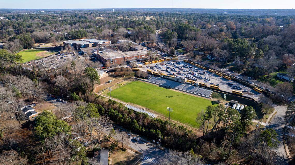 An aerial view of Enloe Magnet High School in Raleigh Friday, Dec. 16, 2022.