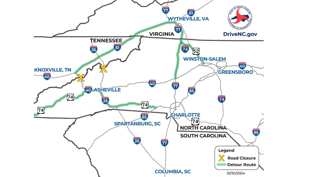 A map showing detours around two long-term closures of Interstates 40 and 26 after the remnants of Hurricane Helene slammed Western North Carolina.