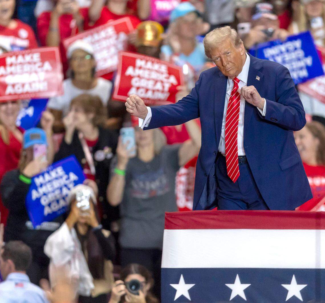 Republican presidential nominee, former President Donald Trump, shows off his dance moves to ‘YMCA’ following his remarks on Wednesday, October 30, 2024 at the Rocky Mount Event Center in Rocky Mount, N.C.