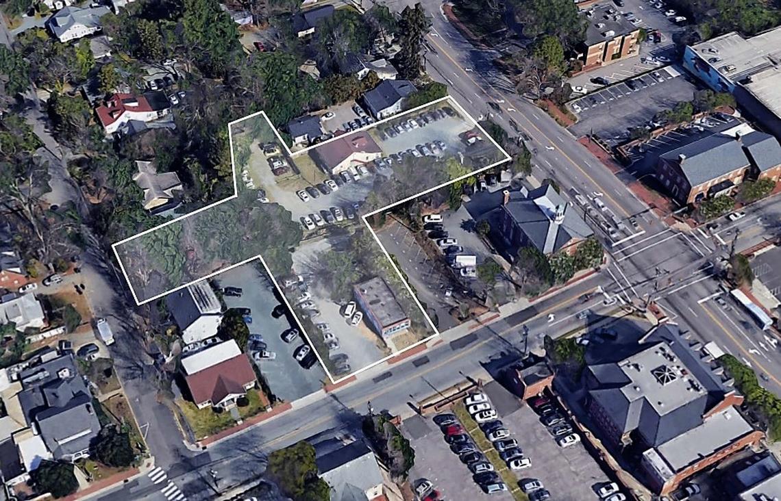 A site plan shows six lots that comprise the site of a potential hotel on West Rosemary and North Columbia streets in Chapel Hill. The developer is proposing a land swap with the town, which owns three lots at the intersection, including the Historic Town Hall.