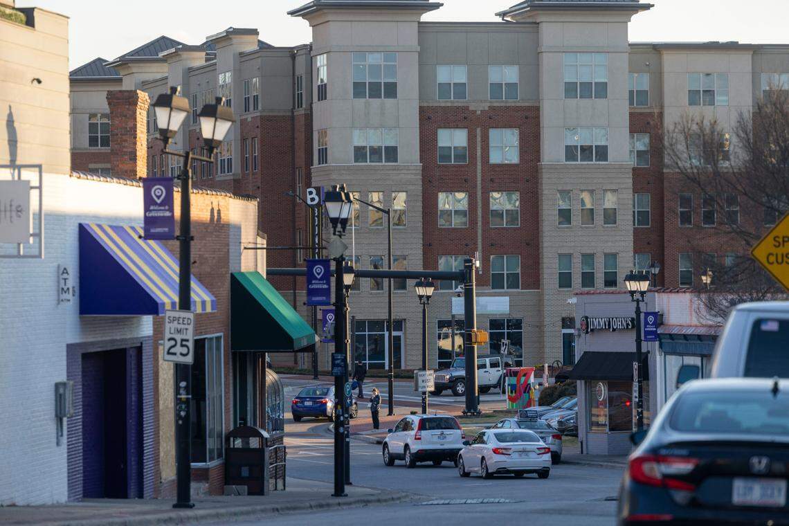 The five-story Boundary at West End complex at 120 Reade Circle rises above the old business district in downtown Greenville, N.C, on Tuesday, January 30, 2024. The mixed use buildings offers office and student housing for East Carolina University.