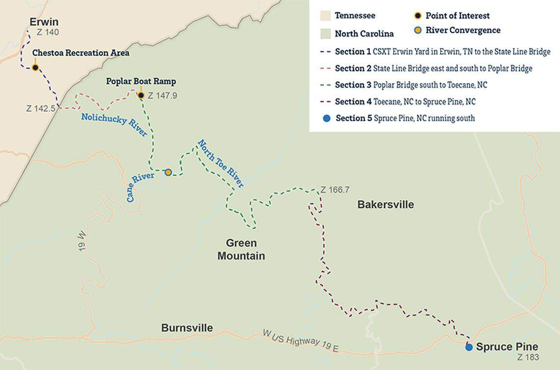 A map showing the CSX rail line between Spruce Pine, North Carolina, and Ewin, Tenneesee. Nearly 60 miles of track was heavily damaged or destroyed by Hurricane Helene in September 2024 and had to be rebuilt.