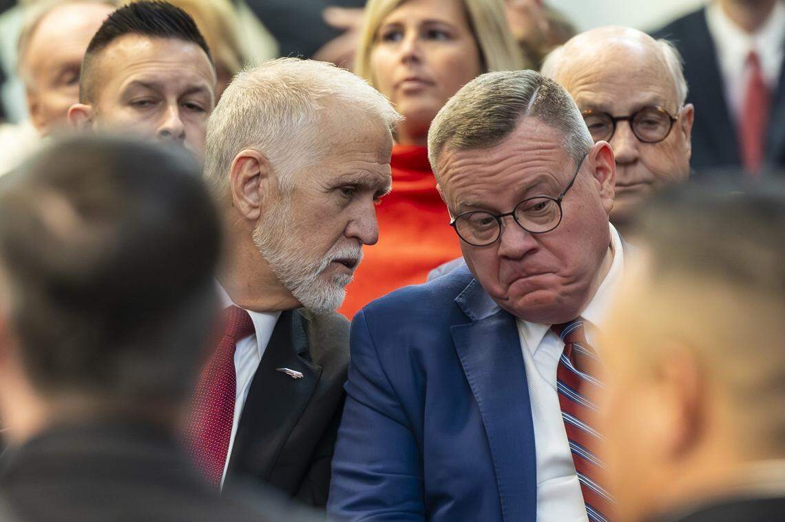 Former Republican North Carolina House Speakers U.S. Sen. Thom Tillis, left, and U.S. Rep. Tim Moore talk during the opening of the North Carolina General Assembly’s 2025 legislative session on Wednesday, Jan. 8, 2025, at the Legislative Building.