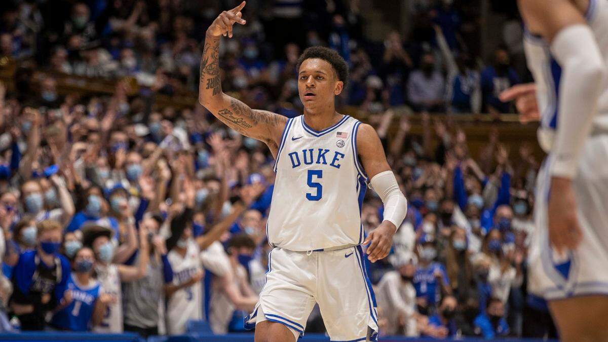 Duke’s Paolo Banchero (5) reacts after sinking a three-point basket to give the Blue Devils’ a 65-48 lead in the second half on Monday, November 22, 2021 at Cameron Indoor Stadium in Durham, N.C. Banchero lead all scores with 28 points in Duke’s 107-81 victory.