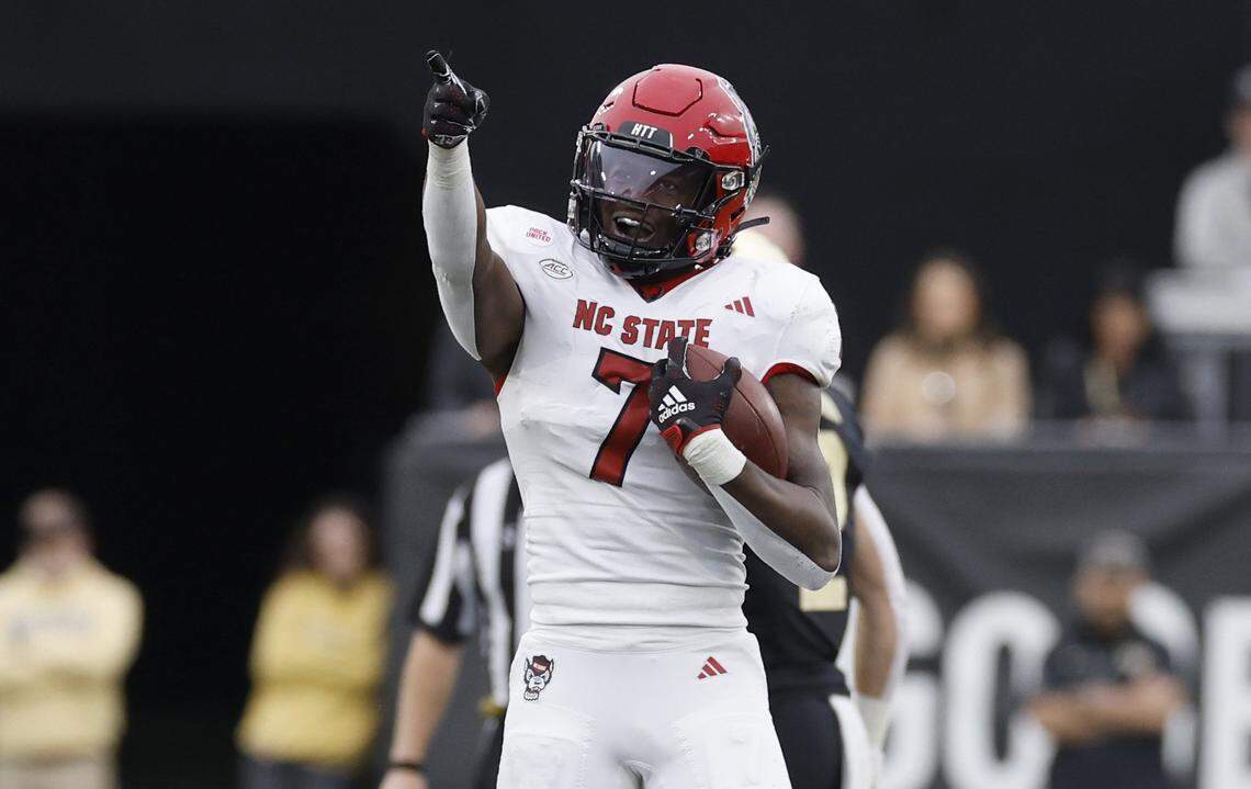 N.C. State cornerback Shyheim Battle (7) celebrates after recovering a Wake Forest fumble during the second half of N.C. State’s 26-6 victory over Wake Forest at Allegacy Stadium in Winston-Salem, N.C., Saturday, Nov. 11, 2023.