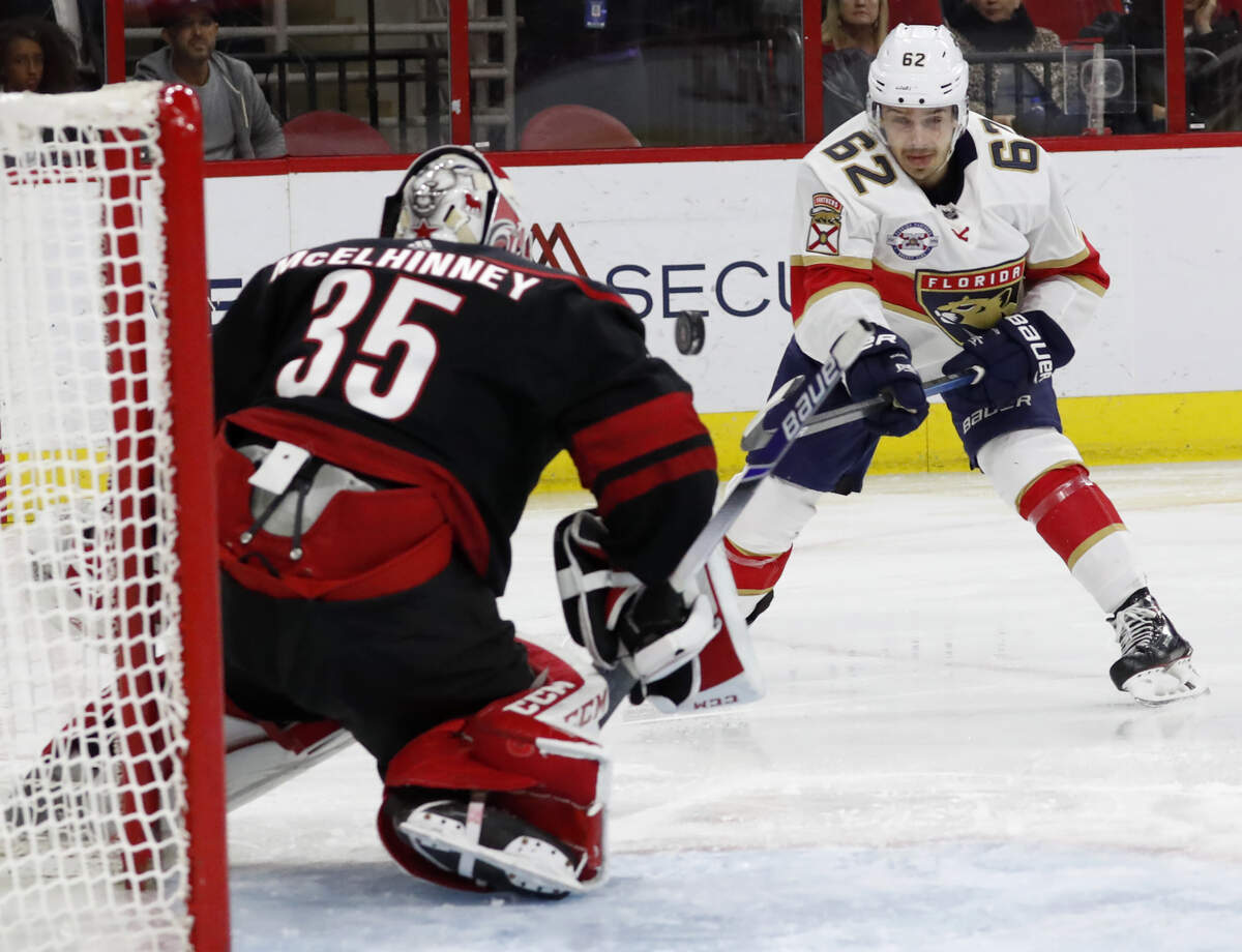 Florida Panthers’ Denis Malgin (62) takes a shot at Carolina Hurricanes goaltender Curtis McElhinney (35) during the second period of an NHL hockey game, Friday, Nov. 23, 2018.