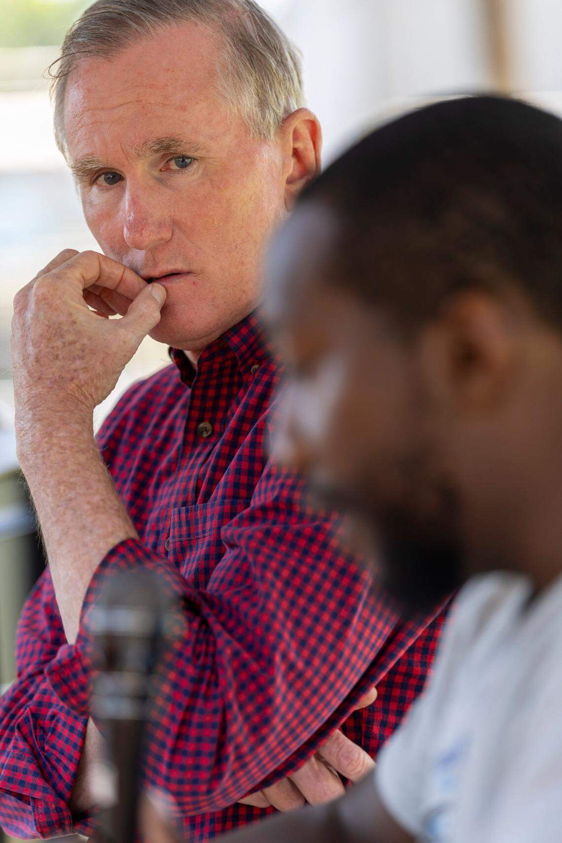 Entrepreneur Brian Hamilton listens to Brandon Lowery as they speak to inmates about starting a business during a visit to Sanford Correctional Center on Monday, May 19, 2025 in Sanford, N.C.