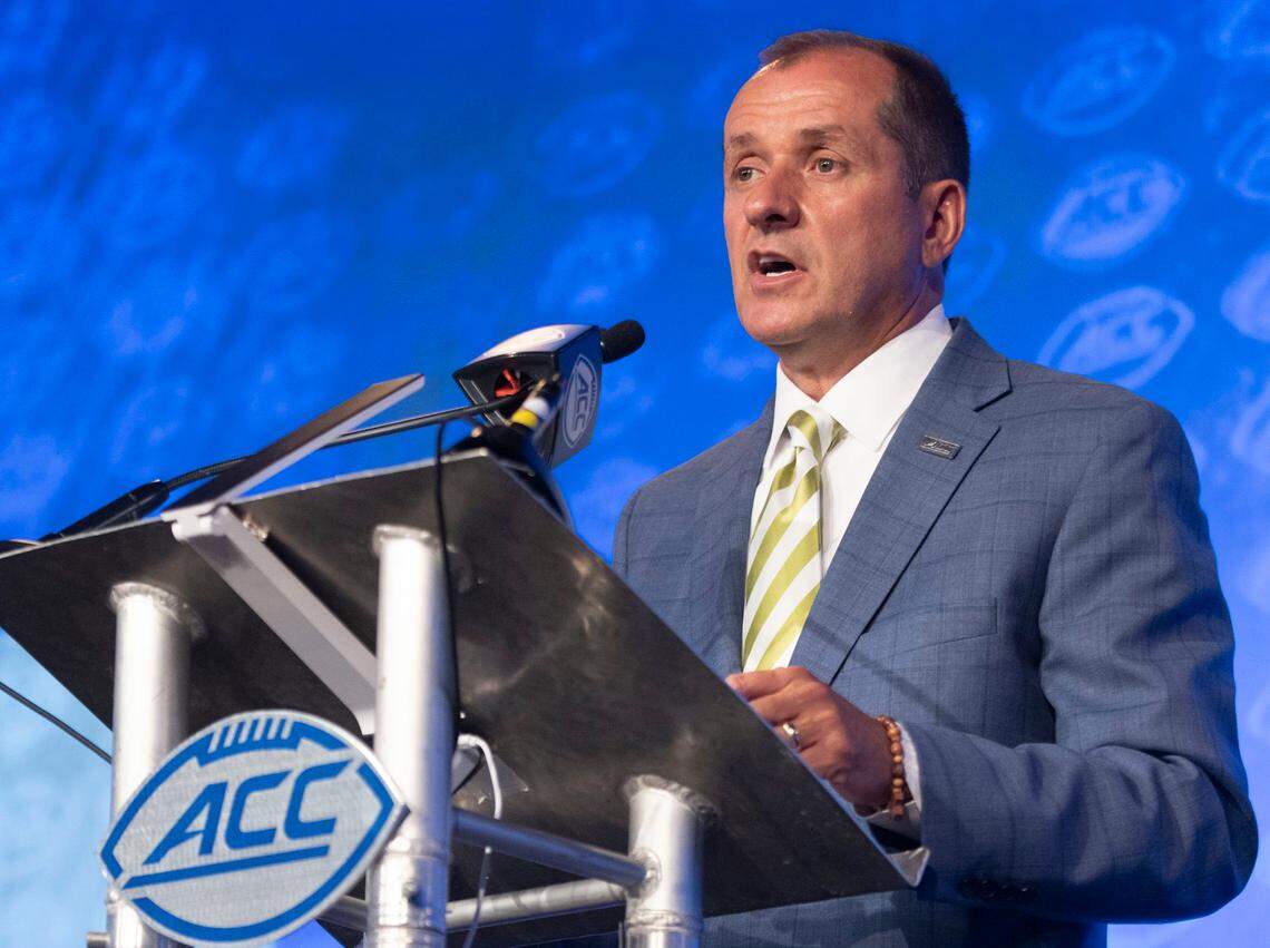 ACC Commissioner Jim Phillips answers questions about the future of the conference during his Commissioner’s Forum in the Westin grand ballroom during the 2022 ACC Football Kickoff on Wednesday, July 20, 2022 in Charlotte, N.C.