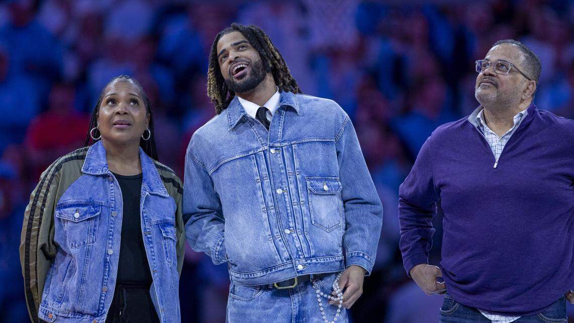 Former Tar Heel R.J. Davis is honored at halftime of the North Carolina vs Clemson game, as he has his jersey hung in the rafters of the Smith Center on Tuesday, March 3, 2026 in Chapel Hill, N.C. 