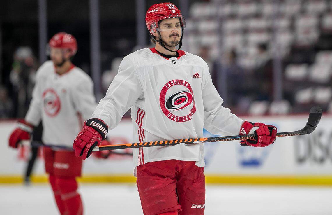 The Carolina Hurricanes Sebastian Aho (20) during the morning skate on Wednesday, May 24, 2023, ahead of Game 4 of the Eastern Conference Finals against the Florida Panthers, at FLA Live Arena in Sunrise, Fla.