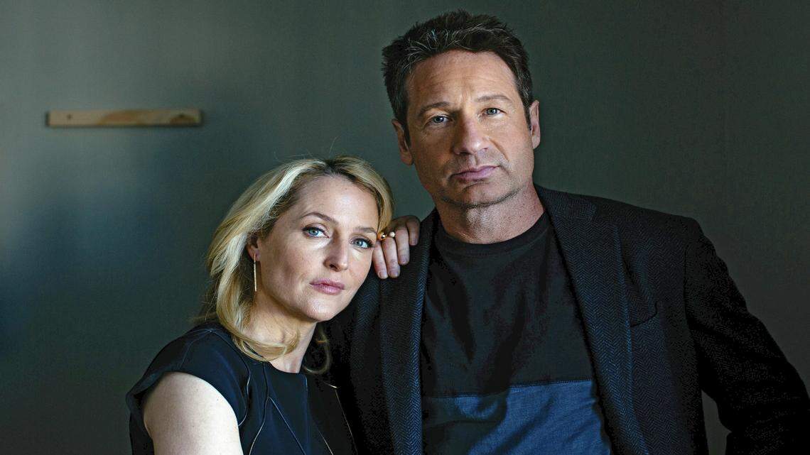 Gillian Anderson and David Duchovny at the Hollywood Roosevelt hotel in Los Angeles. The two are reprising their "X-Files" characters Mulder and Scully with a six-episode revival on Fox of the '90s TV series that lasted nine seasons. 