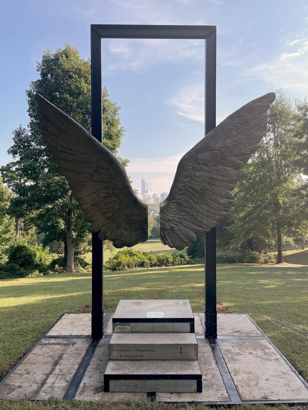 “Alas de México” is one of the most iconic bronze sculptures by Mexican artist Jorge Marín from his exhibition “Wings of the City.” The collection will be displayed throughout Dorothea Dix Park through March 2022.