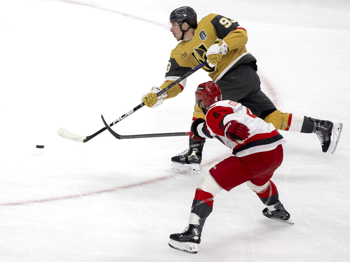 Vegas right wing Mitch Marner (93) shoots and scores to take 4-0 over the Carolina Hurricanes in the second period in Game 3 of the Stanley Cup Final, on Saturday, June 6, 2026 at T-Mobile Arena in Las Vegas, NV.