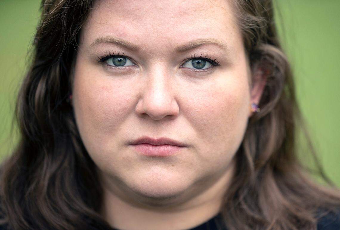 Rachel Veazey poses in Durham, N.C., Tuesday, August 29, 2023. Veazey, a genetic counselor in North Carolina, says of Senate Bill 20, which bans most abortions after 12 weeks, “that is heartbreaking, from my genetic counselor perspective, to try to force the family to go down a road that they would not have to go down in another situation. And I think we’re going to have to see a lot more of that.”