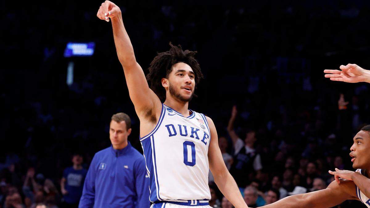 Duke’s Jared McCain (0) celebrates after hitting a three-pointer during the second half of Duke’s 93-55 victory over James Madison in the second round of the NCAA Tournament at the Barclays Center in Brooklyn, N.Y., Sunday, March 24, 2024.