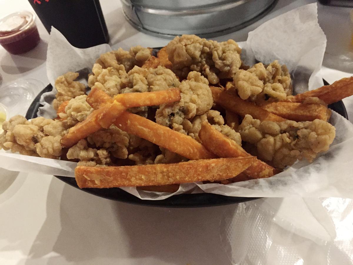 Fried Oyster Basket with Sweet Potato Fries from Cary Crab House.