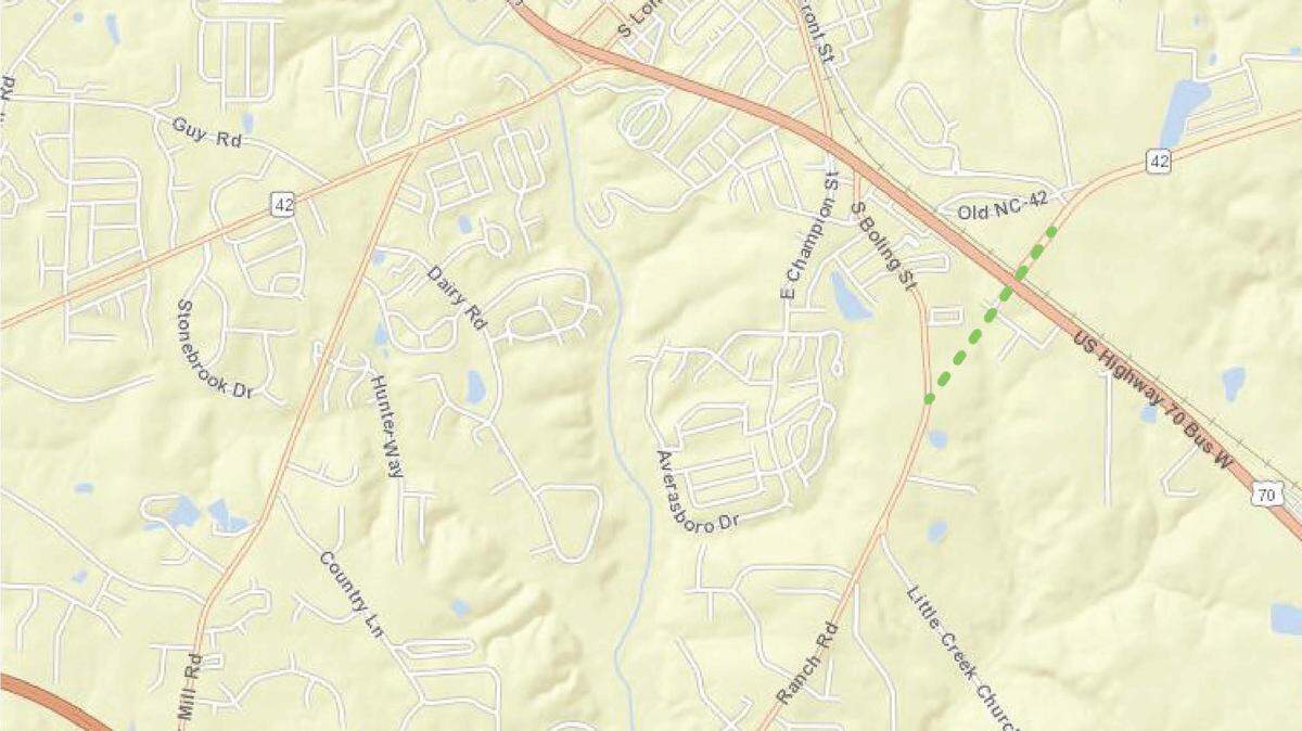 The dotted line marks the Ranch Road extension, the two-lane road that now connects N.C. 42 east of Clayton with the Ranch Road interchange of the Clayton Bypass.