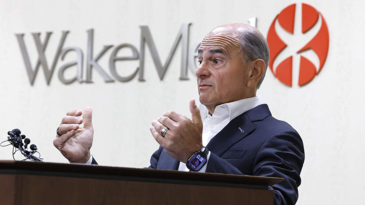 WakeMed CEO Donald Gintzig speaks during a media briefing at WakeMed in Raleigh, N.C., Tuesday, May 5, 2026, about the proposed merger of WakeMed Health and Atrium Health.