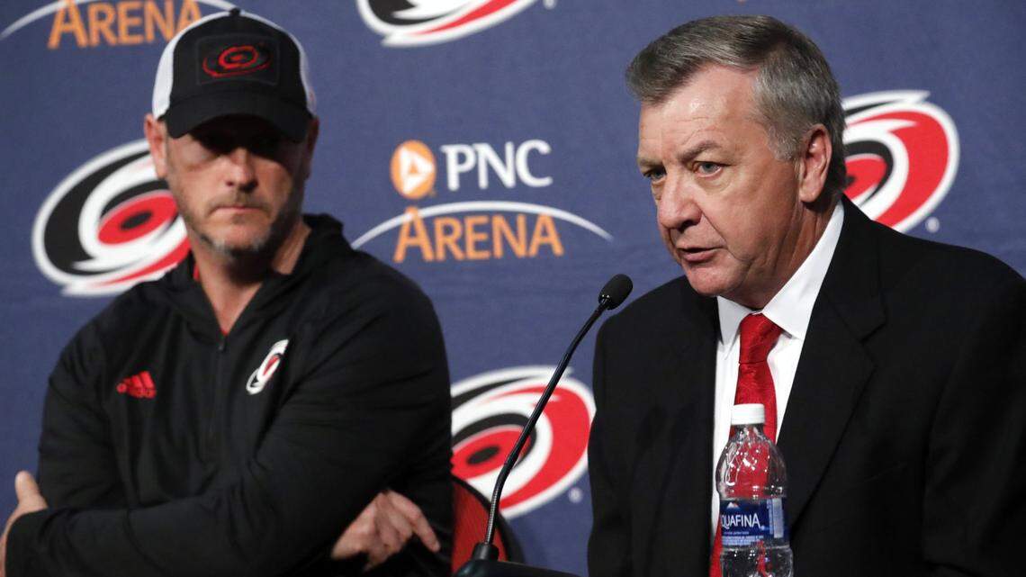 Hurricanes owner Tom Dundon, left, and general manager Don Waddell asked the Centennial Authority for changes to the team’s weight-room area at PNC Arena last year.