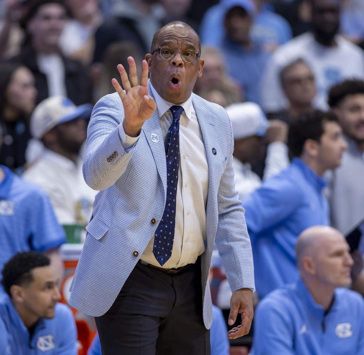 North Carolina coach Hubert Davis instructs his players in the first half against Duke on Saturday, February 7, 2026 at the Smith Center in Chapel Hill, N.C.