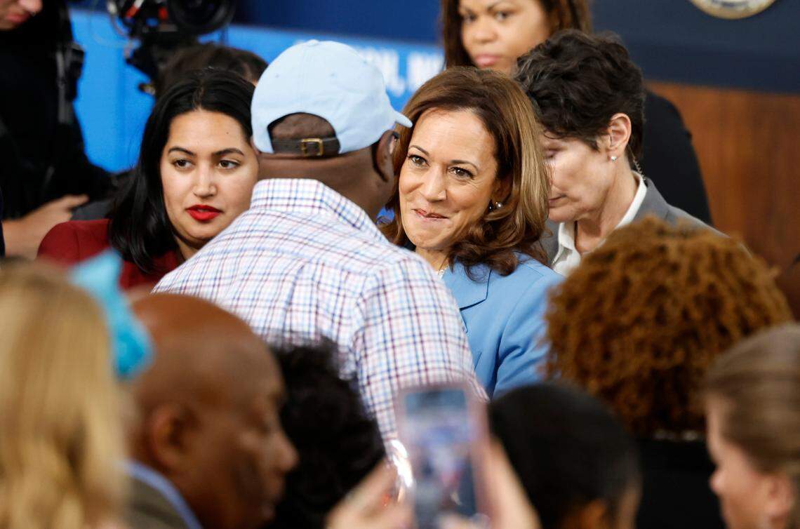 Vice President and Democratic nominee for president Kamala Harris greets supporters after speaking at Wake Tech Community College’s North Campus in Raleigh, N.C., Friday, August 16, 2024.
