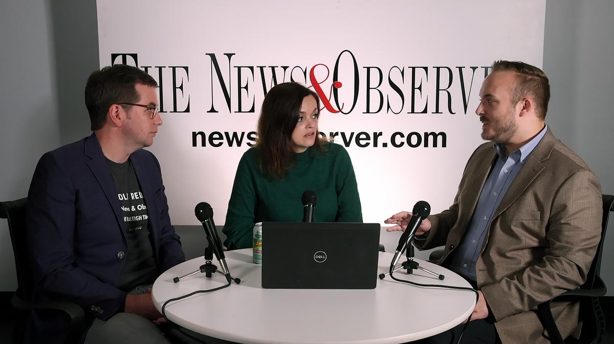 Redistricting is the topic for The News & Observer’s Under the Dome podcast published on Oct. 9, 2023. From left, investigative reporter Tyler Dukes, host and Capitol Bureau Chief Dawn Vaughan, center, and politics reporter Kyle Ingram, right, during a recording at The N&O office in Raleigh.