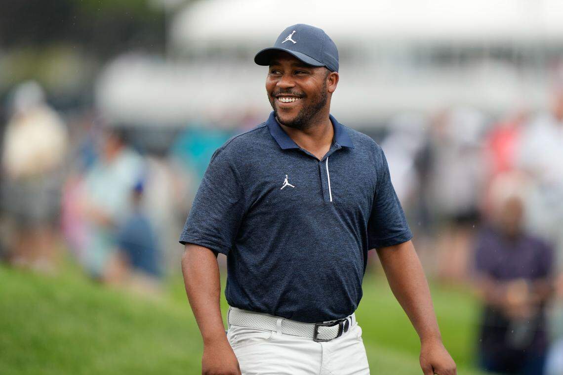 Harold Varner III walks the ninth fairway during the second round of the PGA Championship golf tournament.