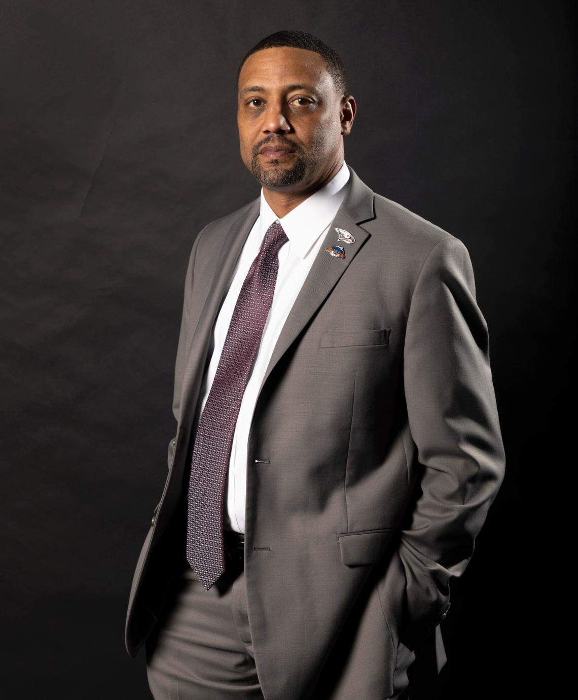 Trei Oliver, head football coach at North Carolina Central University, poses for a portrait in Raleigh, N.C., Thursday, Feb. 16, 2023.