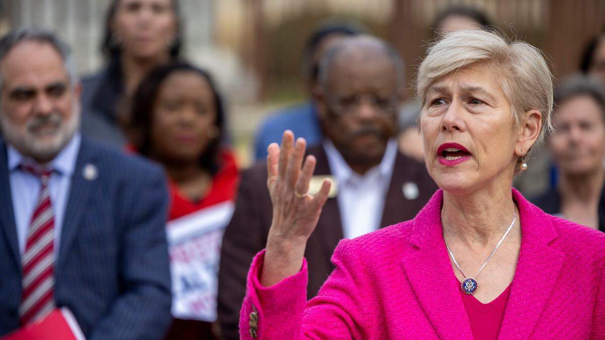 Congresswoman Deborah Ross condemns the actions of President Donald Trump during a press briefing on the North Carolina State Capitol grounds on Friday, January 31, 2025 in Raleigh, N.C. Ross said Trump’s actions earlier this week, ordering a freeze on federal funding, has caused chaos.