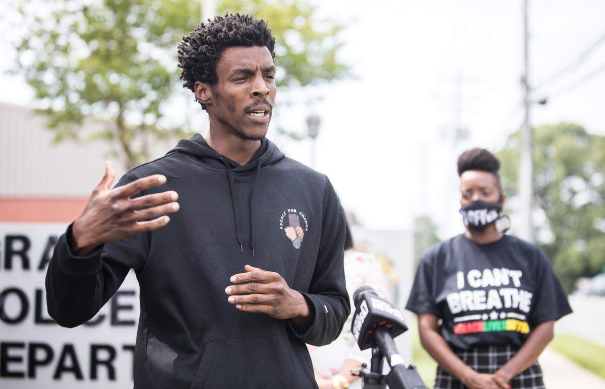 Avery Harvey speaks about policing in Graham and the city’s response to peaceful protests during a press conference outside the Graham Police Department in Graham, N.C. on April 29, 2021.
