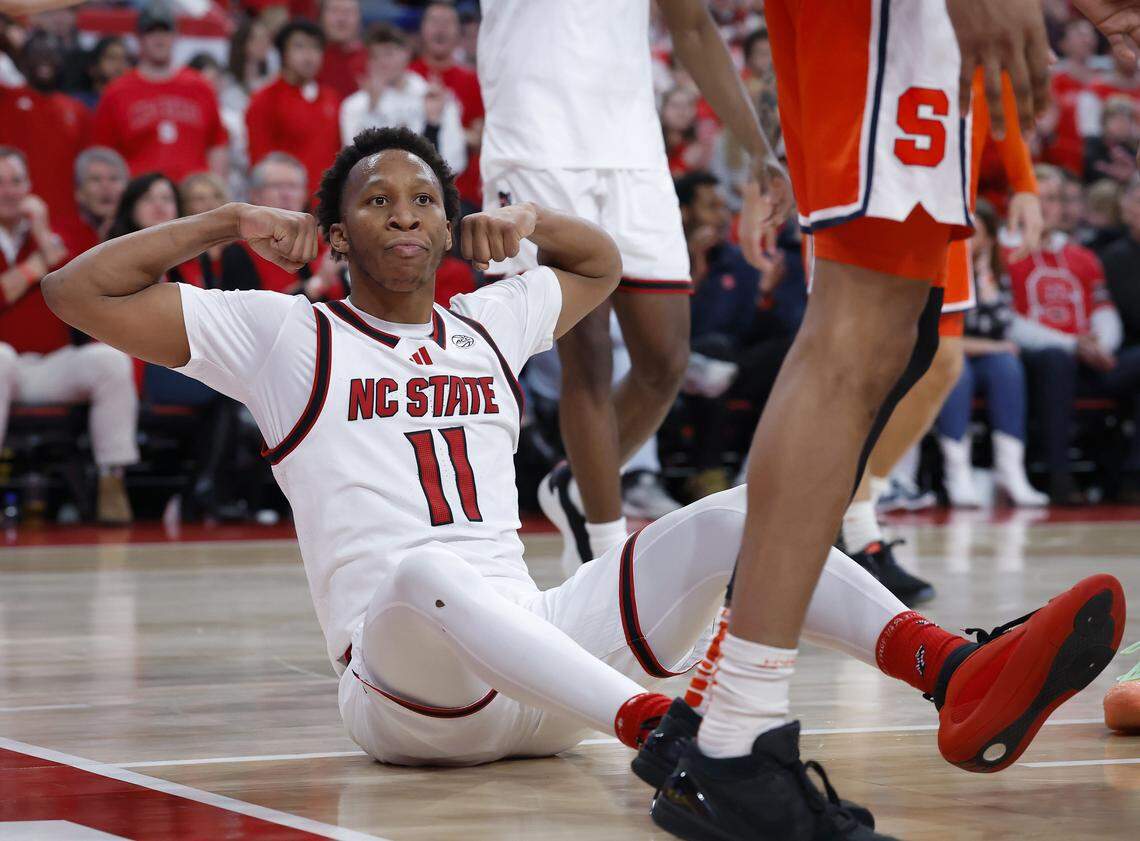N.C. State’s Quadir Copeland reacts after drawing a foul during the second half of the Wolfpack’s 88-68 win over Syracuse on Tuesday, Jan. 27, 2026, at Lenovo Center in Raleigh, N.C. 