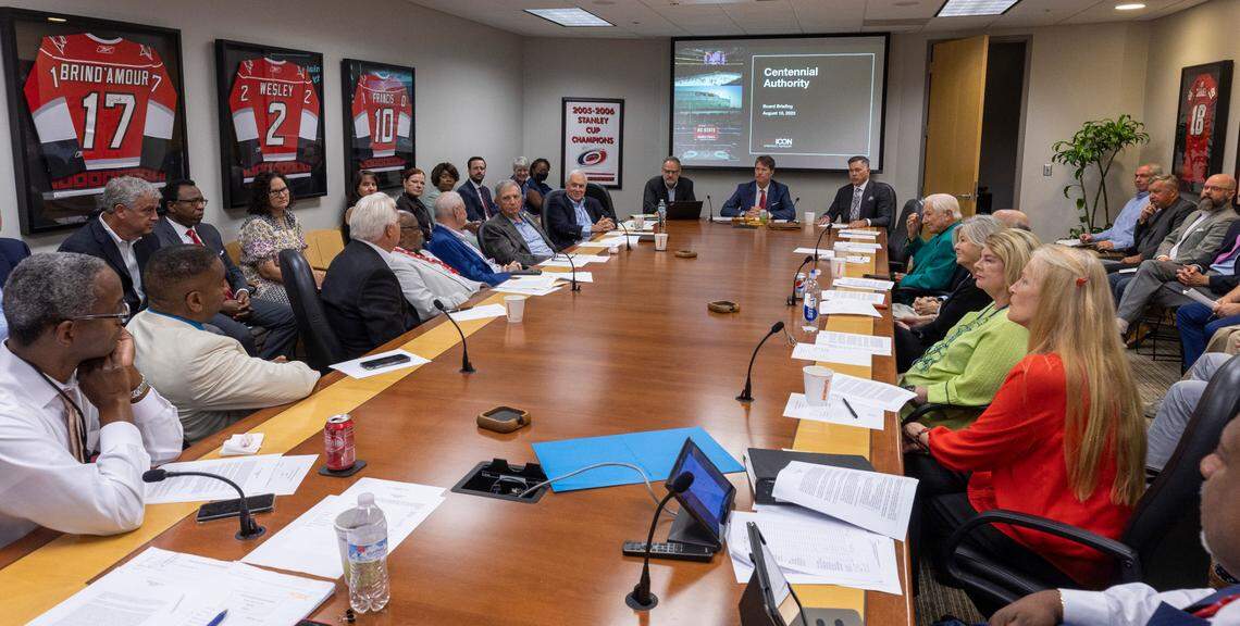 The Centennial Authority meets in their crowed board room on Tuesday, August 15, 2023 at PNC Arena in Raleigh, N.C. The Authority approved two agreements securing the long-term future of the Carolina Hurricanes in Raleigh, and development of the property around PNC Arena and Carter-Finley Stadium that would include housing, a hotel and a music venue.