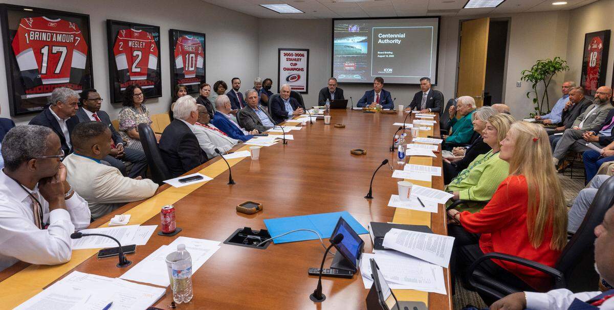 The Centennial Authority meets in their crowed board room on Tuesday, August 15, 2023 at PNC Arena in Raleigh, N.C. The Authority approved two agreements securing the long-term future of the Carolina Hurricanes in Raleigh, and development of the property around PNC Arena and Carter-Finley Stadium that would include housing, a hotel and a music venue.