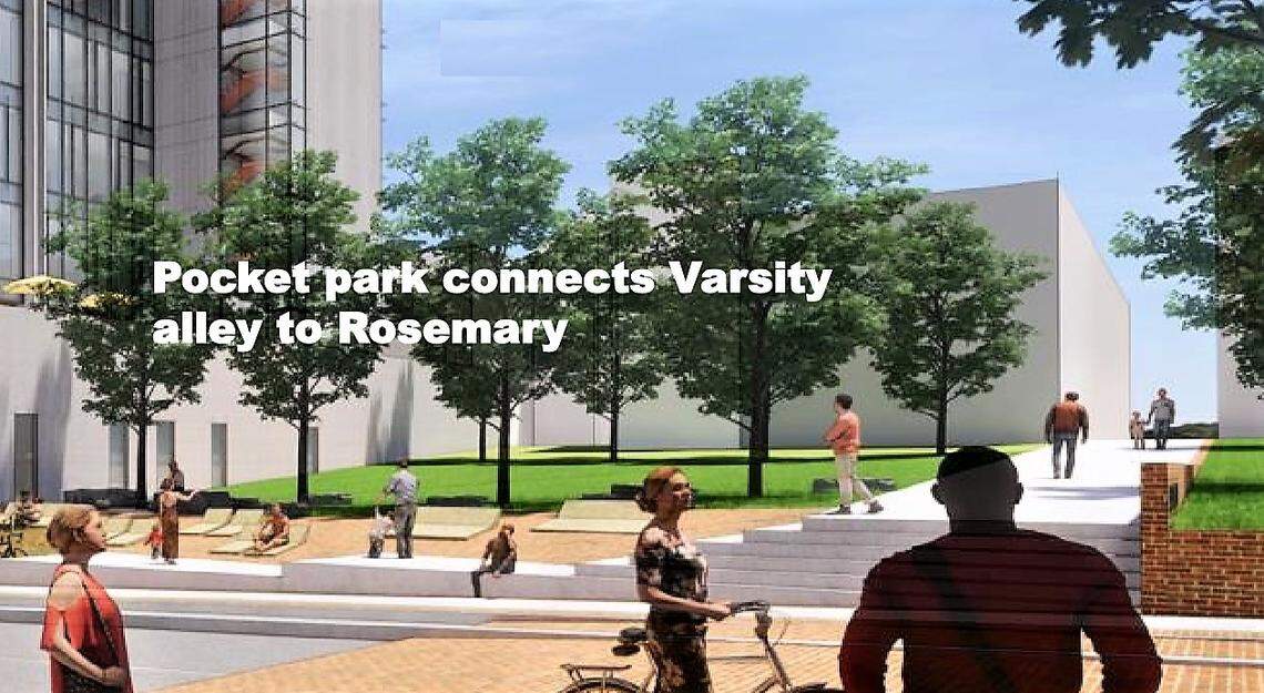 Grubb Properties would add landscaping and pathways to a portion of the town’s Columbia/Rosemary parking lot to create a pocket park after construction crews finish the town’s proposed 1,100-space parking garage across the street.