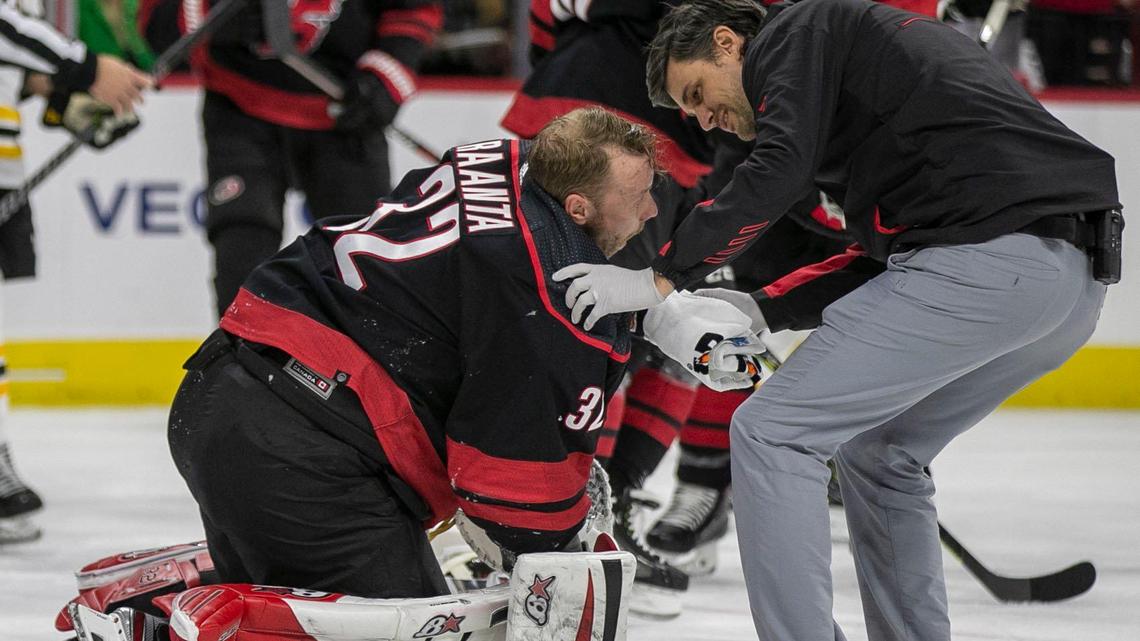 Hurricanes goalie Raanta injured in collision with Bruins’ Pastrnak, leaves Game 2