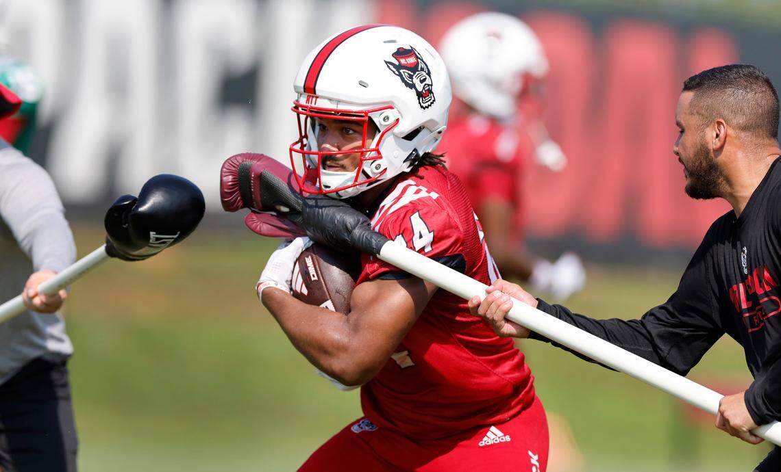 N.C. State running back Jayden “Duke” Scott (24) runs a drill during the Wolfpack’s first practice in Raleigh, N.C., Wednesday, July 31, 2024.
