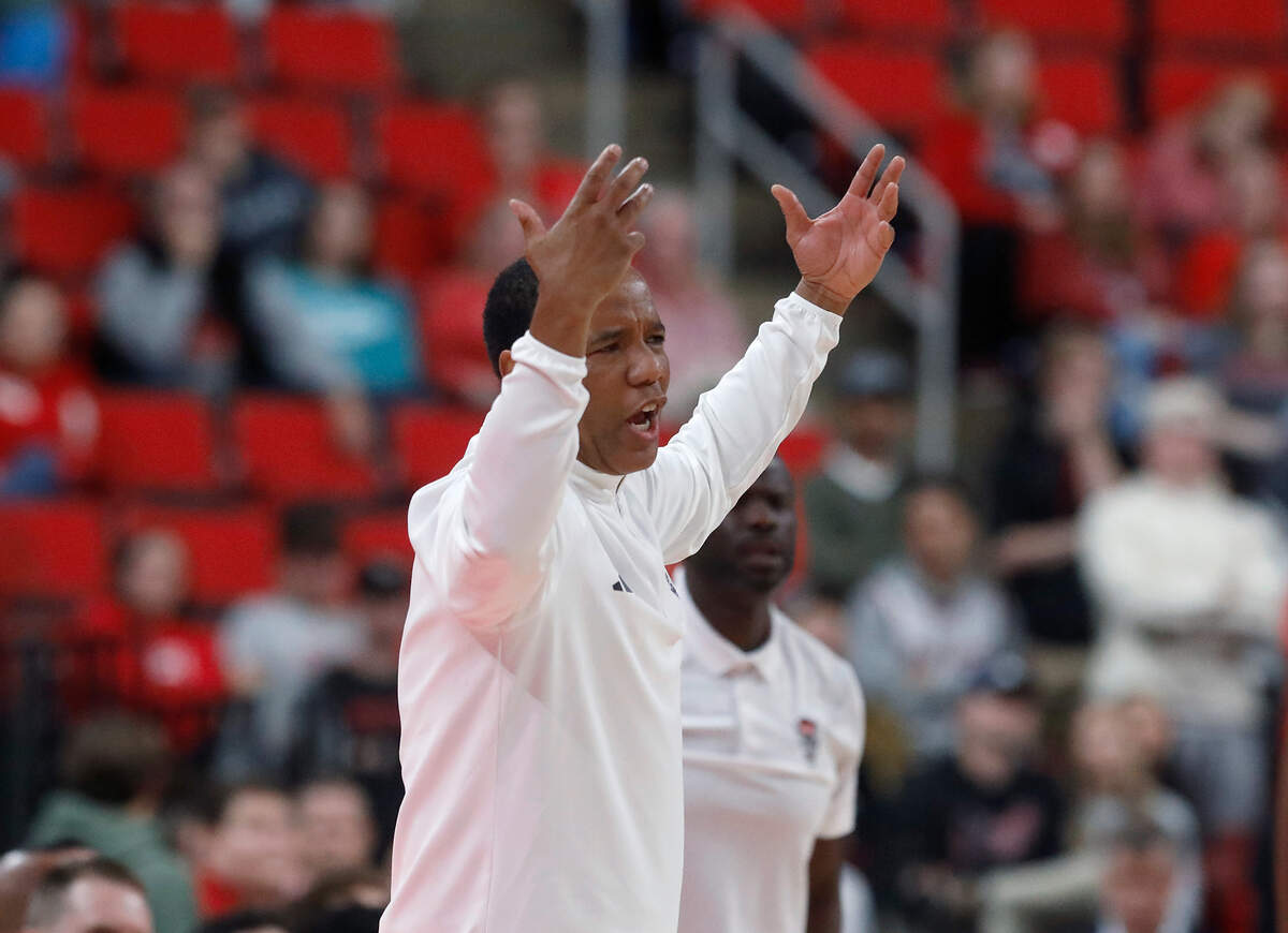 N.C. State head coach Kevin Keatts reacts during the first half of the Wolfpack’s game against Coastal Carolina on Wednesday, Nov. 13, 2024, at Lenovo Center in Raleigh, N.C.
