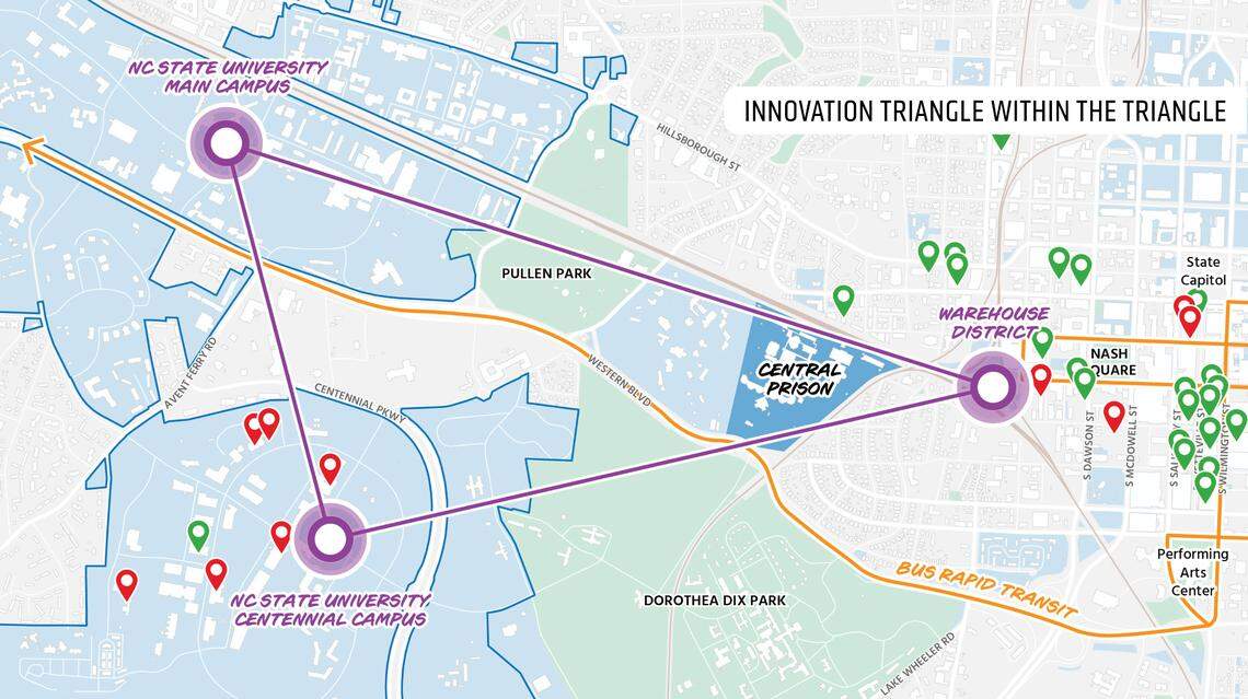 The economic development strategy released Wednesday includes this diagram, showing the proximity of downtown Raleigh to the two campuses of N.C. State University. It also shows Central Prison, which the plan said could someday be closed so the land can be repurposed.