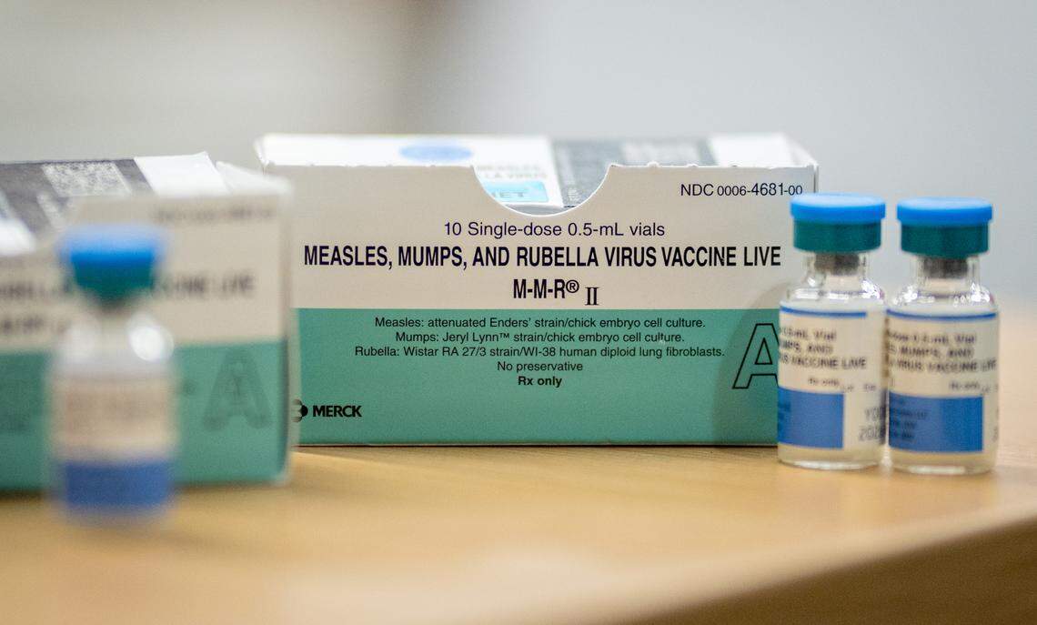 Boxes and vials of the Measles, Mumps, Rubella Virus Vaccine at a vaccine clinic put on by Lubbock Public Health Department on March 1, 2025 in Lubbock, Texas. 