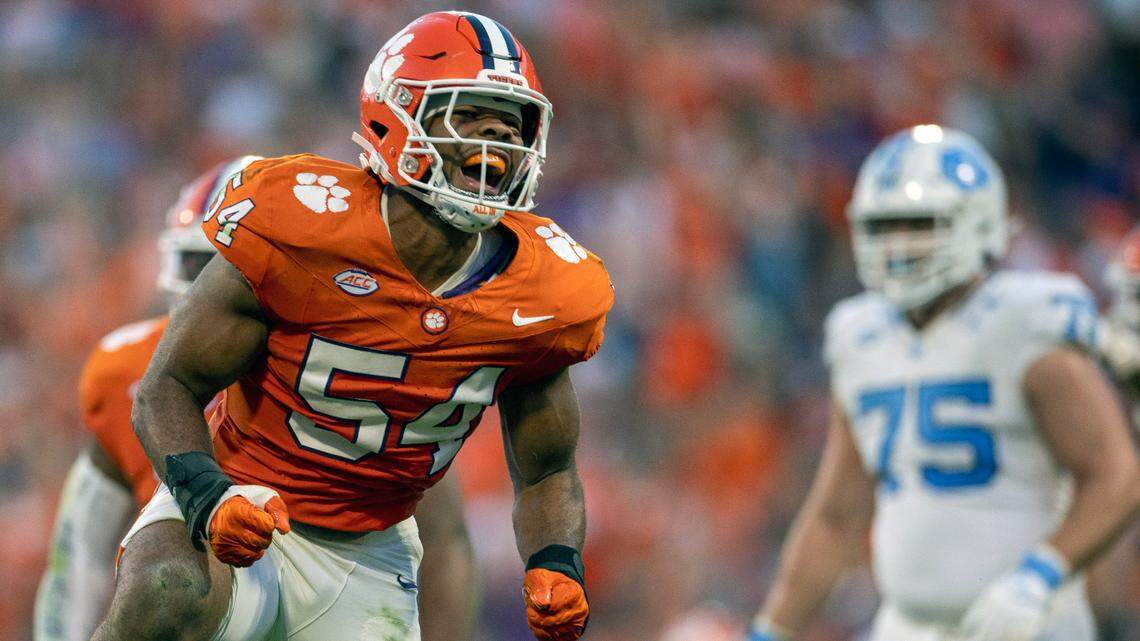 Clemson’s Jeremiah Trotter Jr. reacts after sacking North Carolina quarterback Drake Maye (10) for an five-yard loss in the second quarter on Saturday, November 18, 2023 at Memorial Stadium in Clemson, S.C.