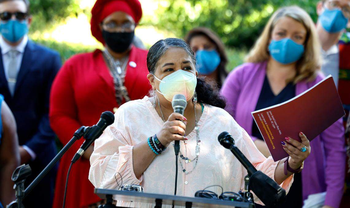 Cheryl Carter, co-executive director of Democracy NC, speaks during a press conference in opposition to House Bill 237, the anti-mask and campaign finance bill, outside the Legislative Building in Raleigh, N.C., Tuesday, June 11, 2024.