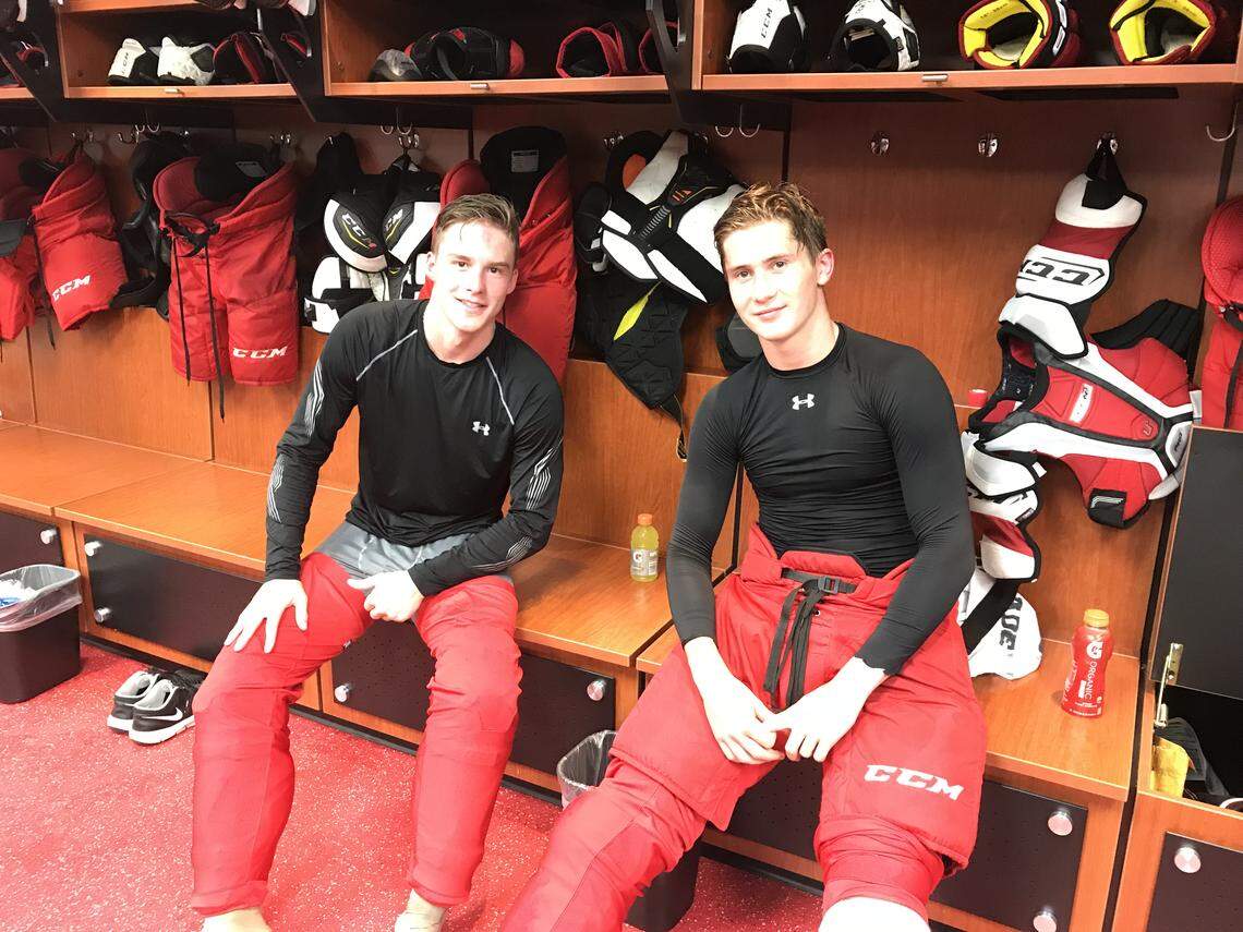 Carolina Hurricanes rookies Andrei Svechnikov, left, and Martin Necas were hoping to play together in the 2018-19 season. That had to wait a season.