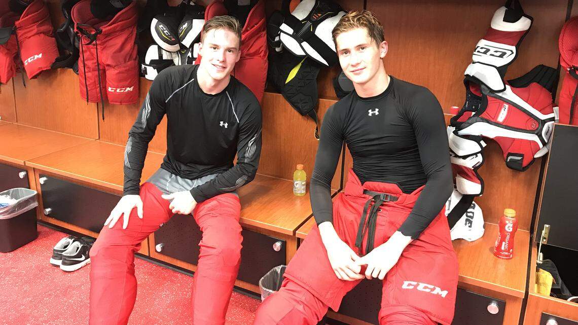 Carolina Hurricanes rookies Andrei Svechnikov, left, and Martin Necas were hoping to play together in the 2018-19 season. That had to wait a season.