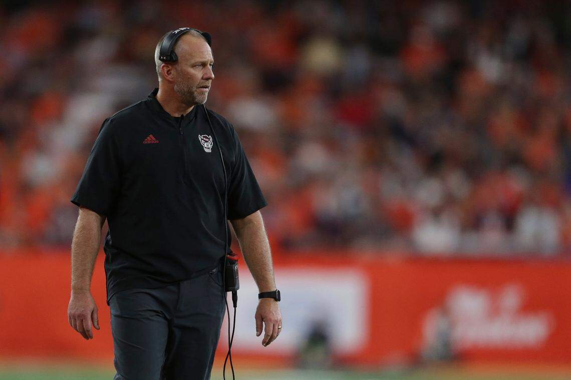 North Carolina State head coach Dave Doeren watches from the sideline during the second half of an NCAA college football game against Syracuse, Saturday, Oct. 15, 2022, in Syracuse, N.Y.