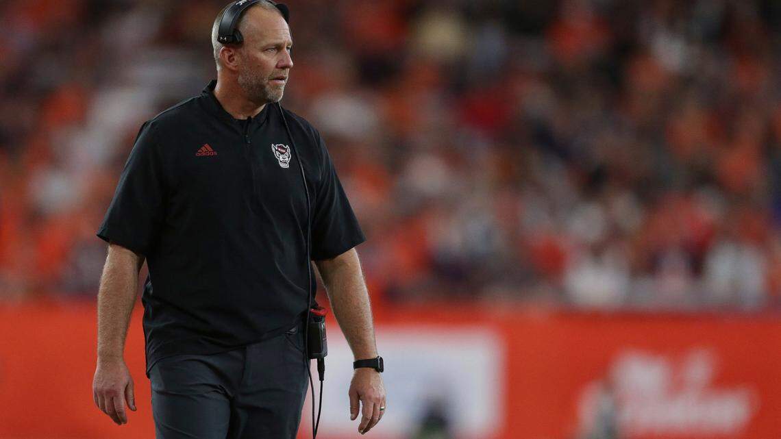 North Carolina State head coach Dave Doeren watches from the sideline during the second half of an NCAA college football game against Syracuse, Saturday, Oct. 15, 2022, in Syracuse, N.Y.