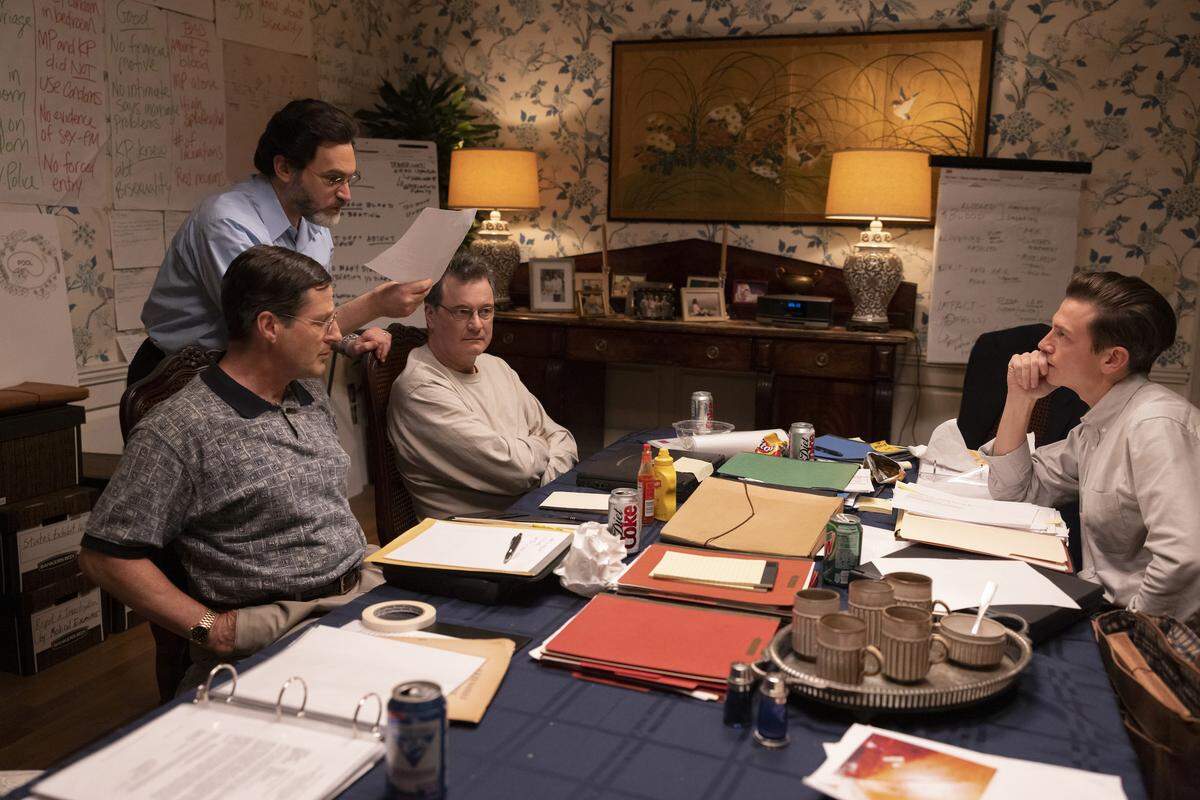 Tim Guinee as Bill Peterson, Michael Stuhlbarg as David Rudolf, Colin Firth as Michael Peterson and Justice Leak as Tom Maher in the HBO Max series “The Staircase.”