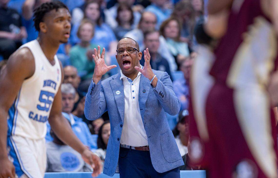 North Carolina coach Hubert Davis directs his team during the second half against Florida State on Saturday, December 2, 2023 at the Smith Center in Chapel Hill, N.C.