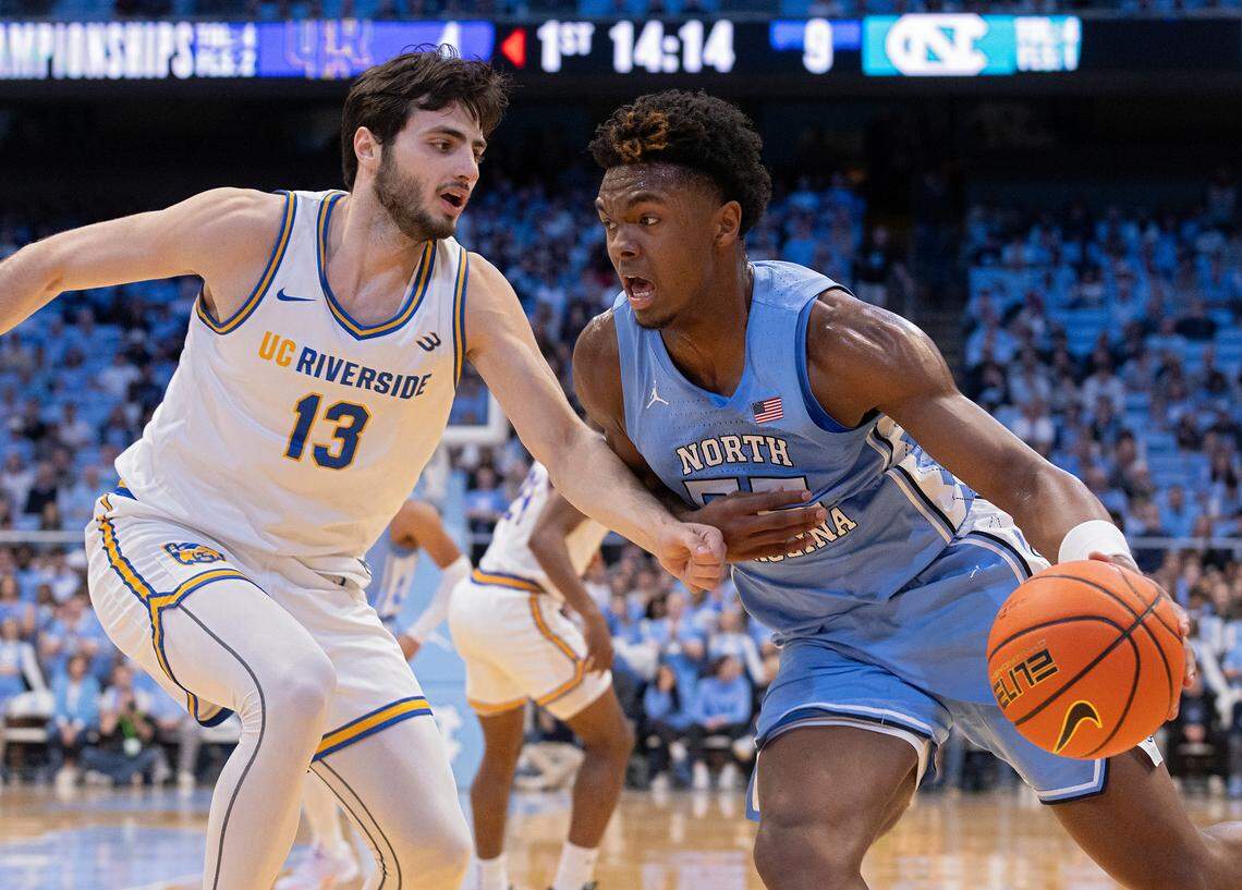 North Carolina’s Harrison Ingram drives past UC Riverside’s Vladimer Salaridze during the first half of the Tar Heels’ 77-52 win on Friday, Nov. 17, 2023, at the Smith Center in Chapel Hill, N.C.