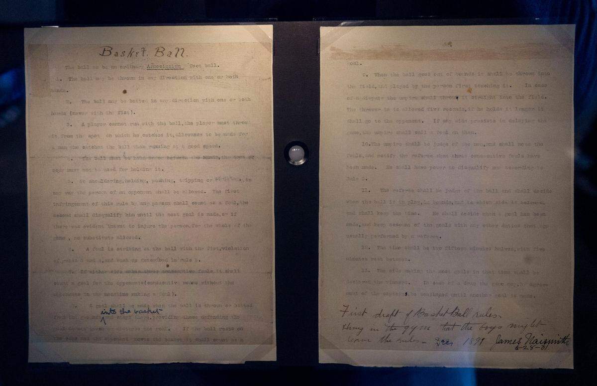 James Naismith’s, 1891 original rules of basketball are enshrined at the University of Kansas, where he coached after inventing the game.